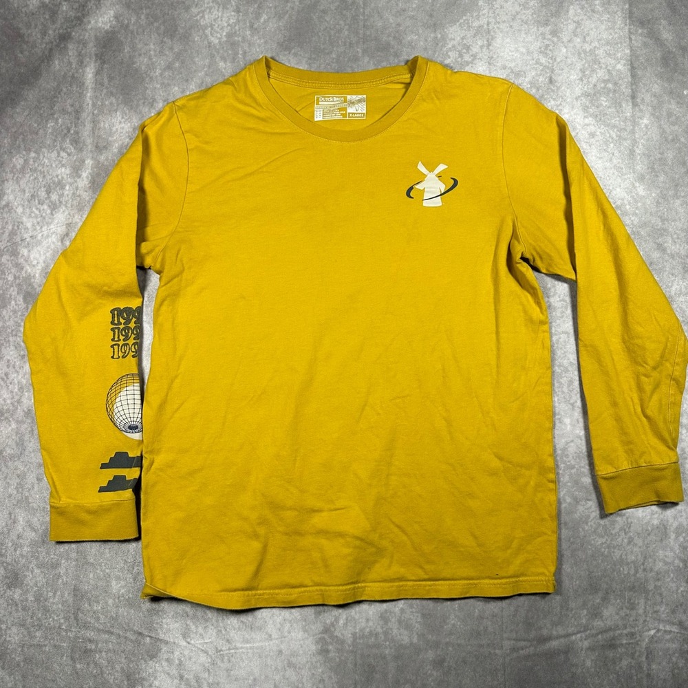 Dutch Bros Coffee Mens XL Long Sleeve Graphic T-Shirt Mustard Yellow Windmill